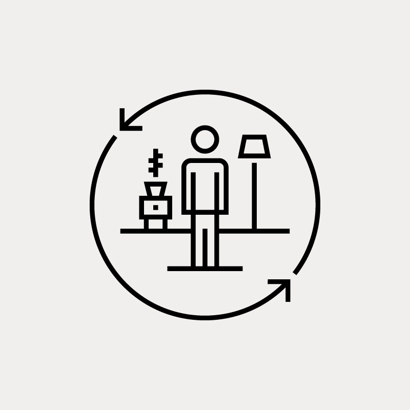 A line icon of a person, plant, and lamp in a circle.